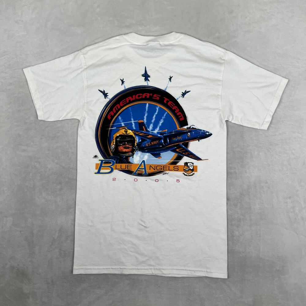 Vintage Blue Angels T-Shirt Mens Small White Americas Team 2005 Navy Plane